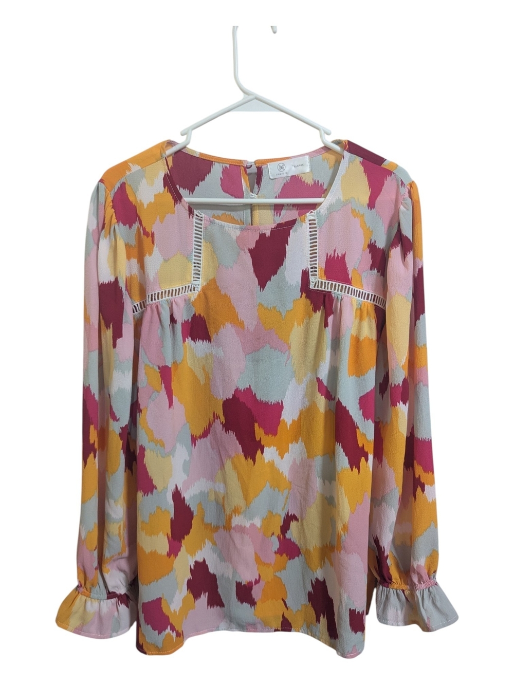 Liam & Company Women's Blouse Sz XL Pink Long Puff Sleeve Boho